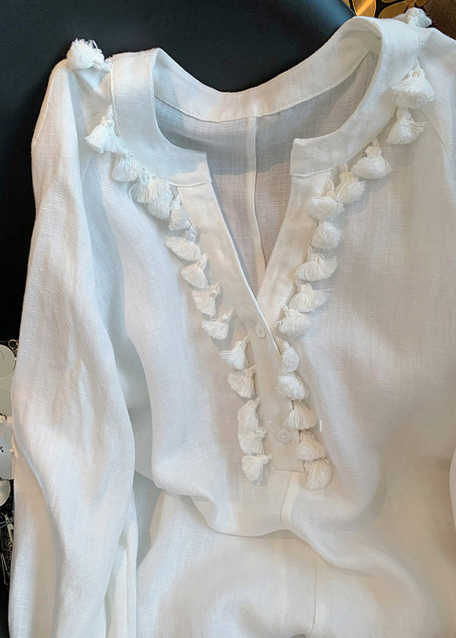 Women White V Neck Tasseled Solid Linen Shirt Fall