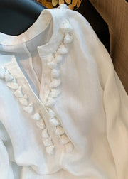 Women White V Neck Tasseled Solid Linen Shirt Fall