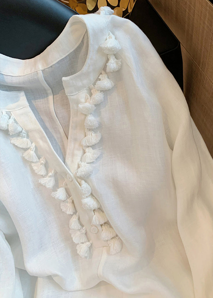 Women White V Neck Tasseled Solid Linen Shirt Fall