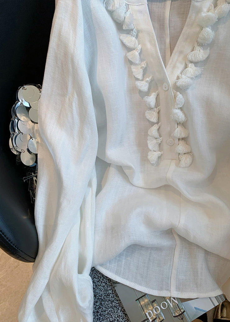 Women White V Neck Tasseled Solid Linen Shirt Fall