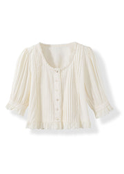 Women White Wrinkled Lace Patchwork Cotton Top Summer