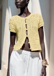 Women Yellow Button Hollow Out Knit T Shirt Summer