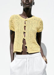 Women Yellow Button Hollow Out Knit T Shirt Summer