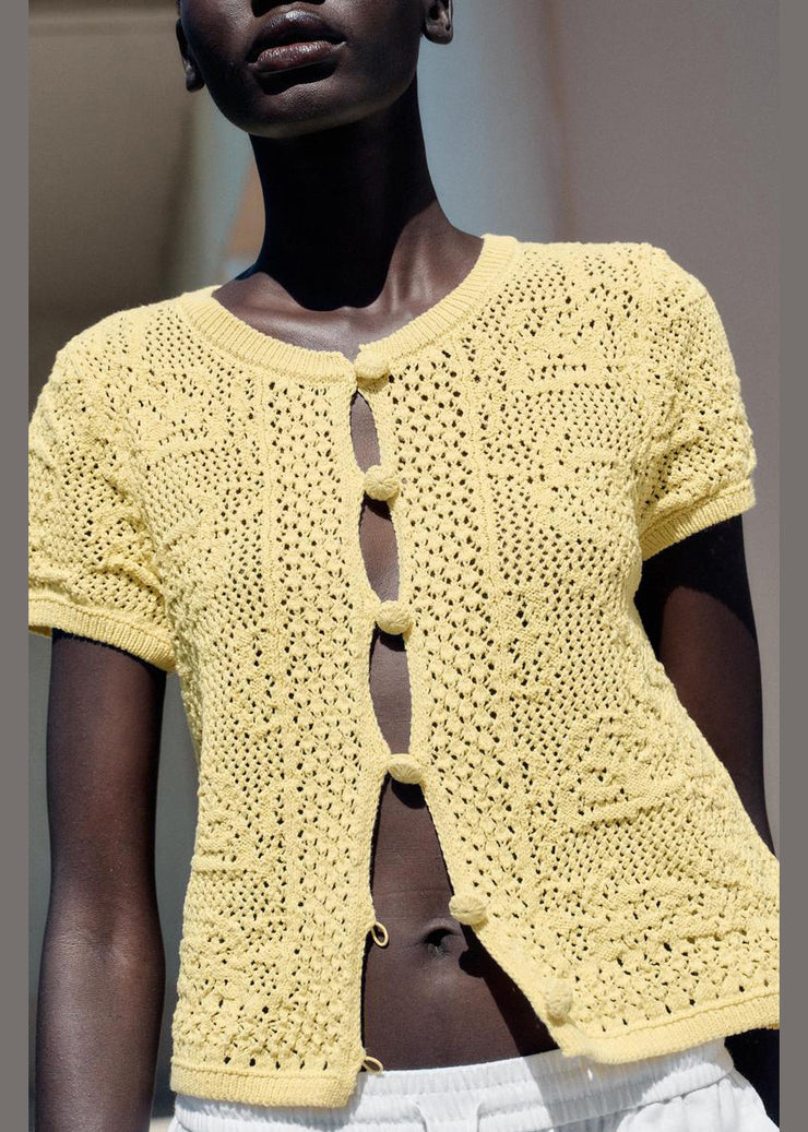 Women Yellow Button Hollow Out Knit T Shirt Summer