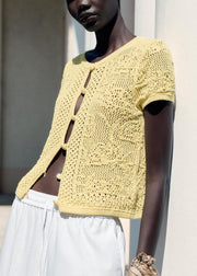 Women Yellow Button Hollow Out Knit T Shirt Summer