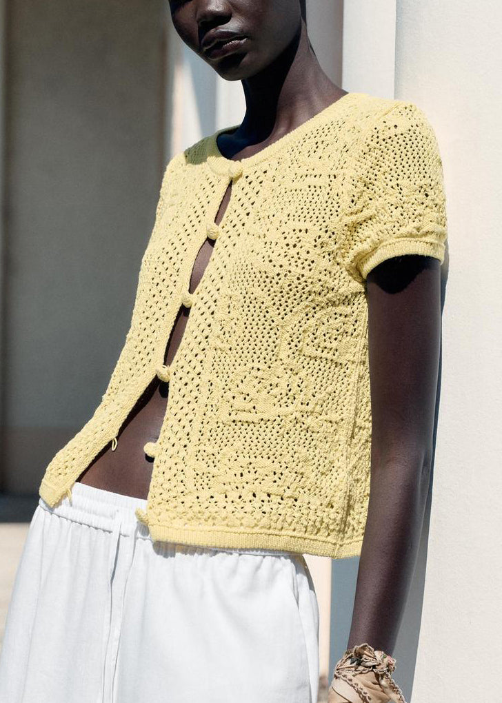 Women Yellow Button Hollow Out Knit T Shirt Summer