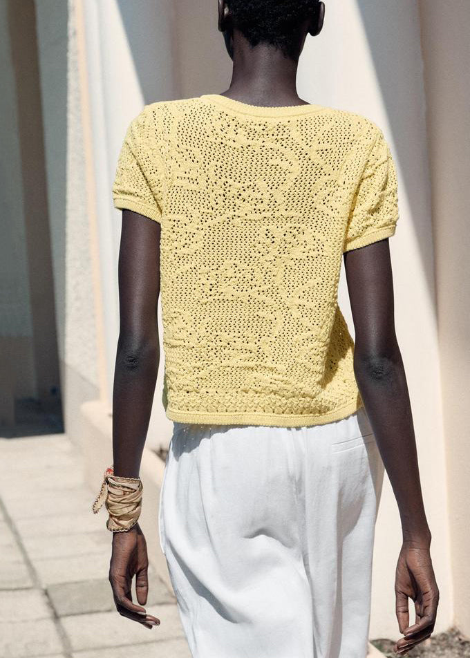 Women Yellow Button Hollow Out Knit T Shirt Summer