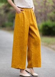 Women Yellow Elastic Waist Pockets Linen Pants Summer