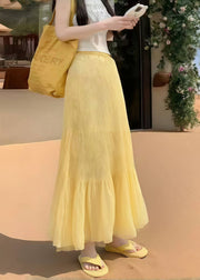 Women Yellow Elastic Waist Wrinkled Holiday Skirt Summer