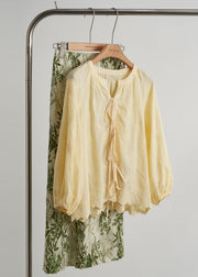 Women Yellow Embroidered Lace Up Cotton Shirt Top Fall