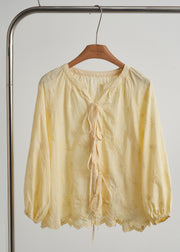 Women Yellow Embroidered Lace Up Cotton Shirt Top Fall