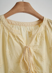 Women Yellow Embroidered Lace Up Cotton Shirt Top Fall