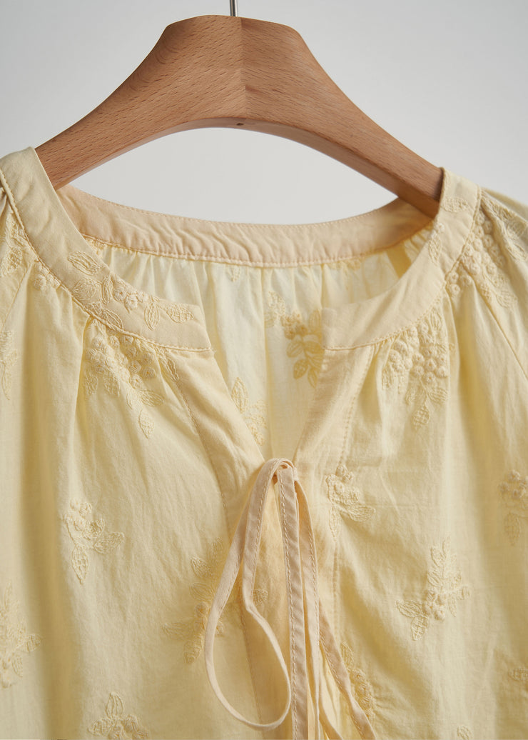 Women Yellow Embroidered Lace Up Cotton Shirt Top Fall