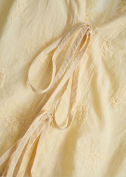 Women Yellow Embroidered Lace Up Cotton Shirt Top Fall