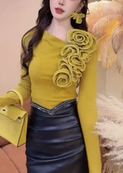 Women Yellow Floral Original Design Cotton T Shirts Fall