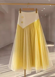Women Yellow High Waist Wrinkled Patchwork Tulle Skirt Fall