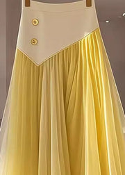 Women Yellow High Waist Wrinkled Patchwork Tulle Skirt Fall