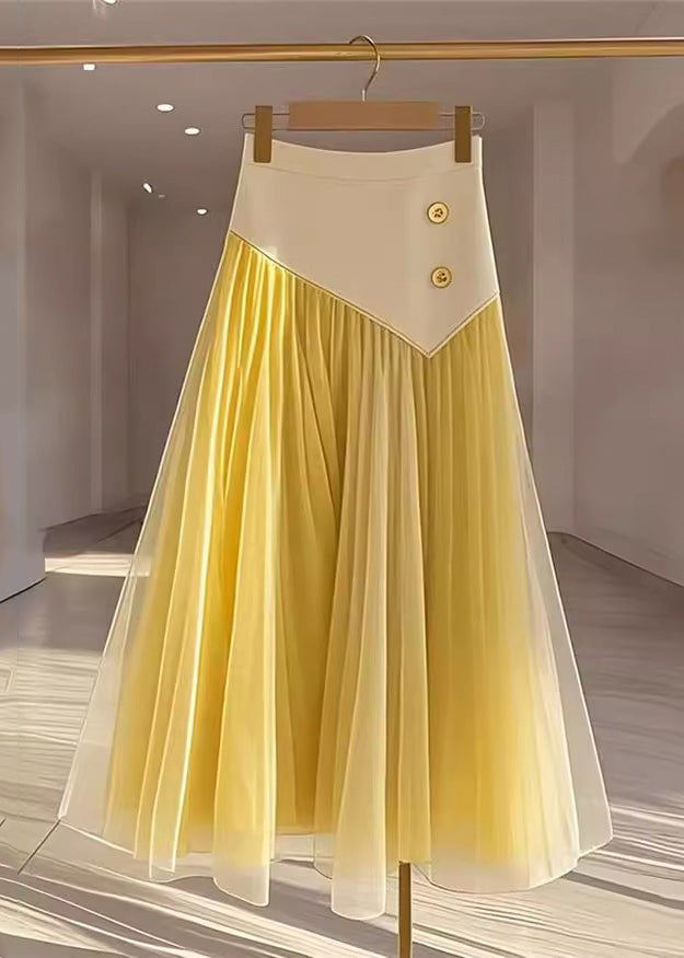 Women Yellow High Waist Wrinkled Patchwork Tulle Skirt Fall