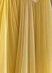 Women Yellow High Waist Wrinkled Patchwork Tulle Skirt Fall