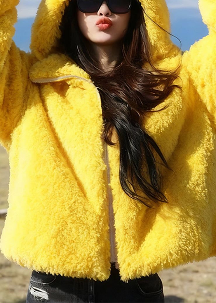 Women Yellow Hooded Rabbit Ears Zippered Solid Fluffy Coats Winter