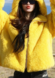 Women Yellow Hooded Rabbit Ears Zippered Solid Fluffy Coats Winter