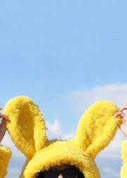 Women Yellow Hooded Rabbit Ears Zippered Solid Fluffy Coats Winter