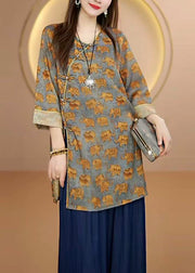 Women Yellow O Neck Print Oriental Button Silk Top Bracelet Sleeve