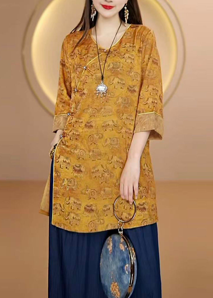 Women Yellow O Neck Print Oriental Button Silk Top Bracelet Sleeve