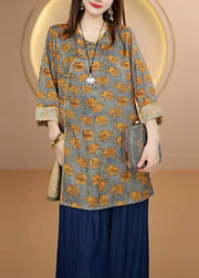 Women Yellow O Neck Print Oriental Button Silk Top Bracelet Sleeve