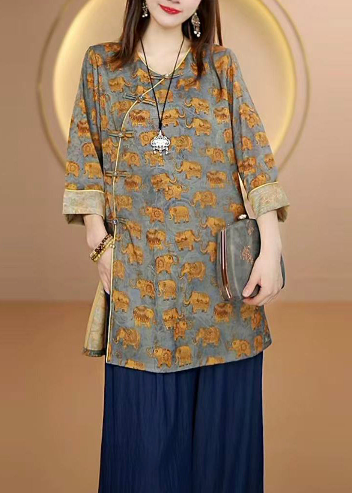 Women Yellow O Neck Print Oriental Button Silk Top Bracelet Sleeve