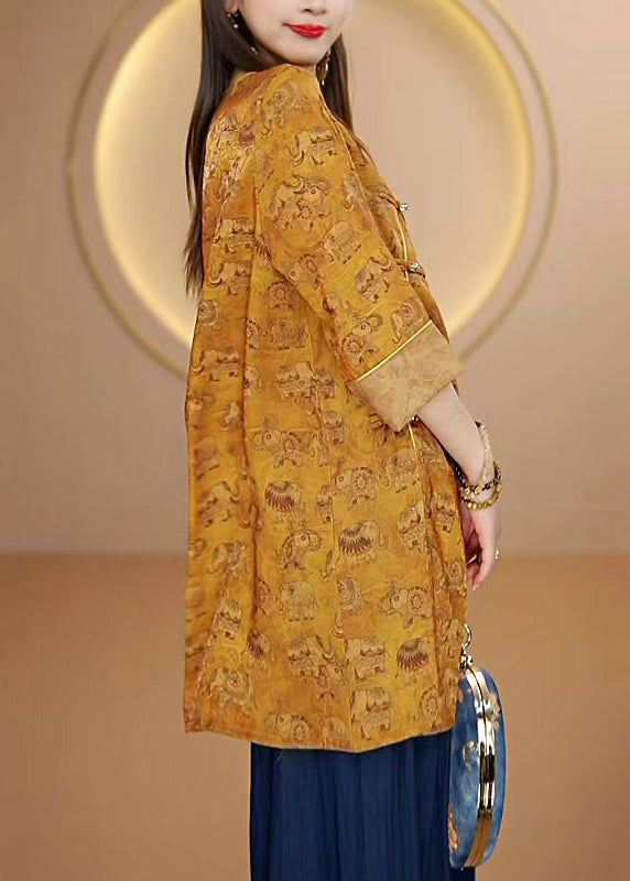 Women Yellow O Neck Print Oriental Button Silk Top Bracelet Sleeve