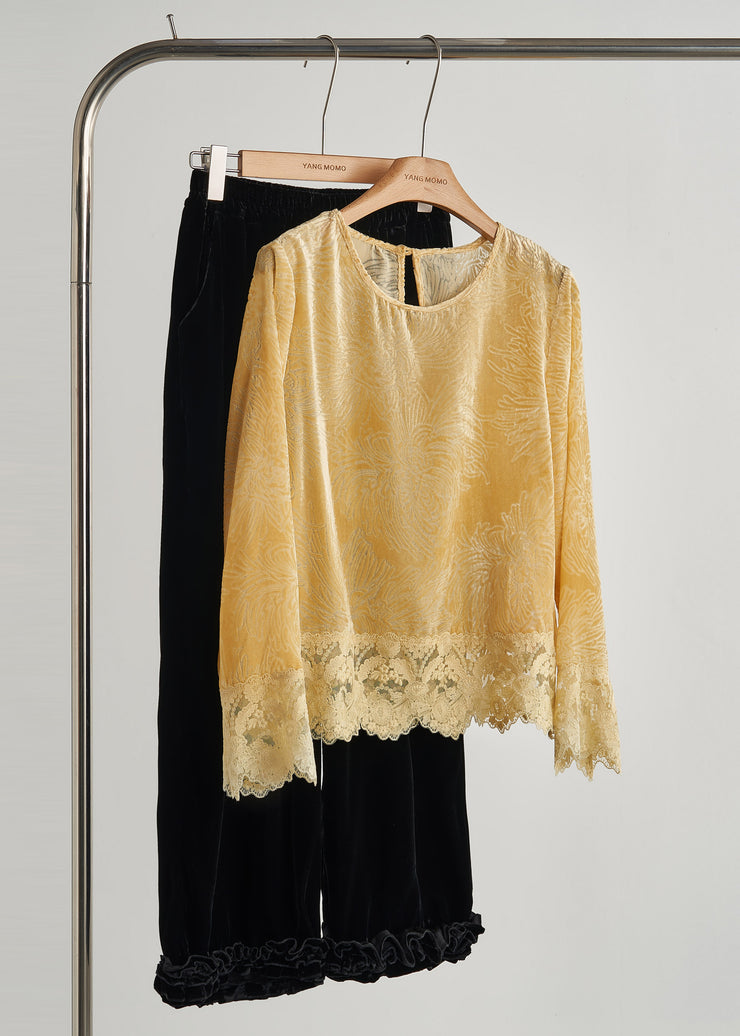 Women Yellow Oversized Lace Patchwork Silk Velour Shirt Tops Fall