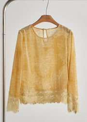 Women Yellow Oversized Lace Patchwork Silk Velour Shirt Tops Fall