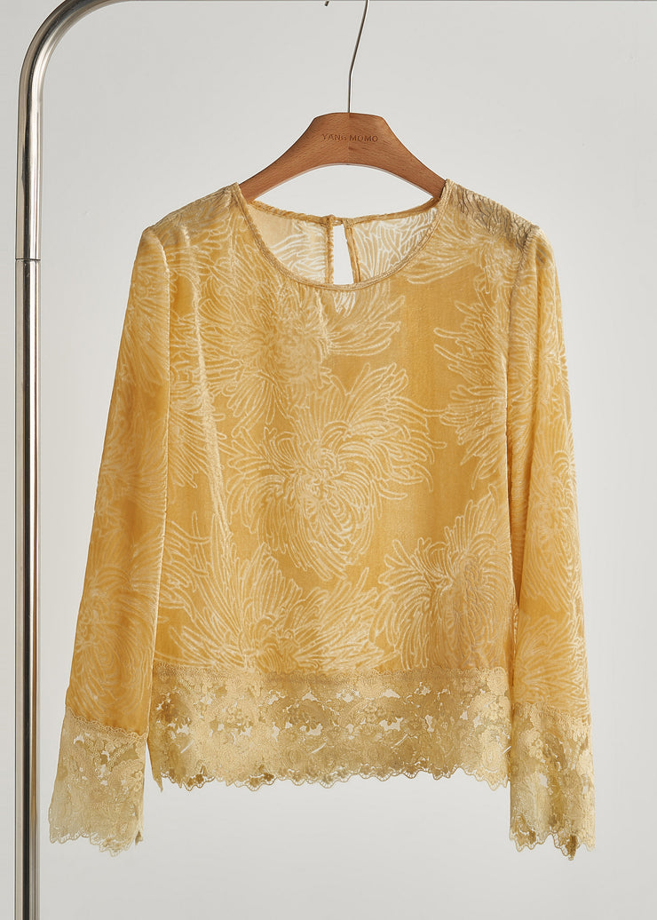 Women Yellow Oversized Lace Patchwork Silk Velour Shirt Tops Fall