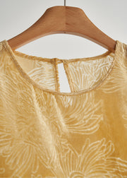 Women Yellow Oversized Lace Patchwork Silk Velour Shirt Tops Fall