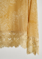 Women Yellow Oversized Lace Patchwork Silk Velour Shirt Tops Fall
