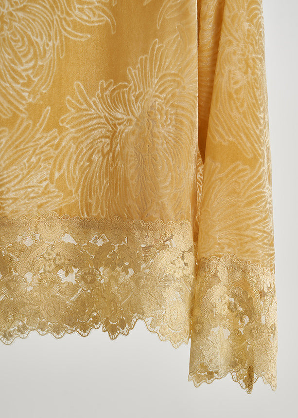 Women Yellow Oversized Lace Patchwork Silk Velour Shirt Tops Fall