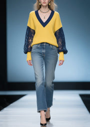 Women Yellow Oversized Patchwork Lace Sweaters Fall