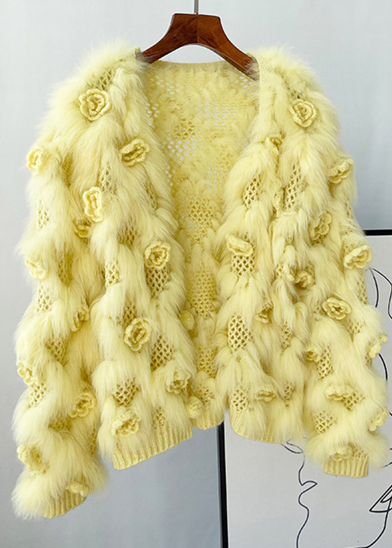 Women Yellow Patchwork Mink Hair Knitted Coats Lantern Sleeve