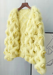 Women Yellow Patchwork Mink Hair Knitted Coats Lantern Sleeve