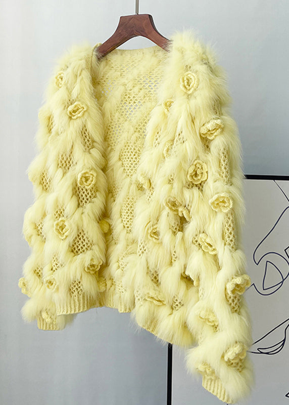 Women Yellow Patchwork Mink Hair Knitted Coats Lantern Sleeve
