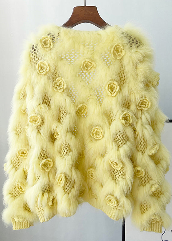 Women Yellow Patchwork Mink Hair Knitted Coats Lantern Sleeve