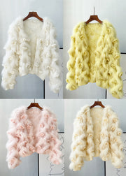 Women Yellow Patchwork Mink Hair Knitted Coats Lantern Sleeve