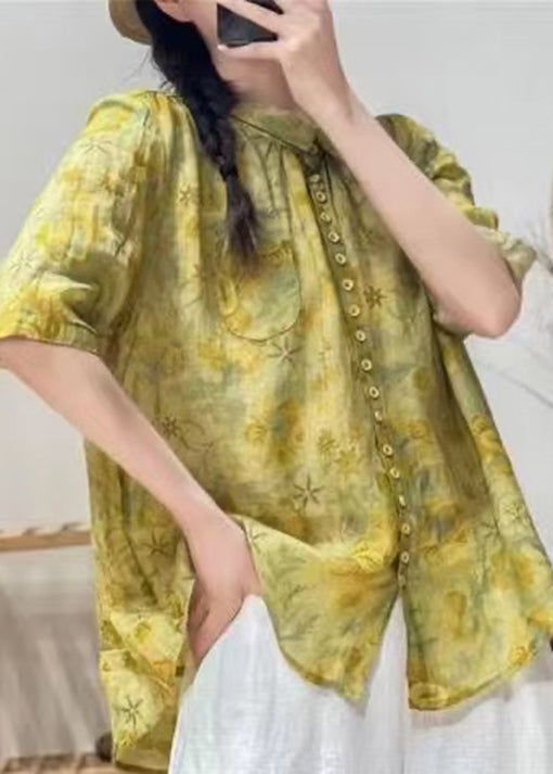 Women Yellow Peter Pan Collar Print Cotton Blouse Tops Summer