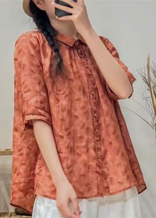 Women Yellow Peter Pan Collar Print Cotton Blouse Tops Summer