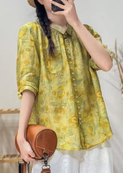 Women Yellow Peter Pan Collar Print Cotton Blouse Tops Summer
