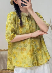 Women Yellow Peter Pan Collar Print Cotton Blouse Tops Summer