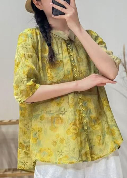 Women Yellow Peter Pan Collar Print Cotton Blouse Tops Summer