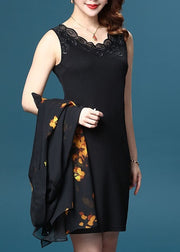Women Yellow Peter Pan Collar Print Patchwork Chiffon Dress Two Pieces Set Summer