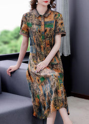 Women Yellow Peter Pan Collar Print Silk Dresses Summer
